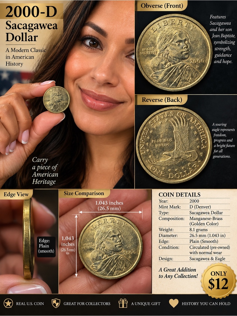 Sacagawea Dollar Collectible Coin - Golden Tone